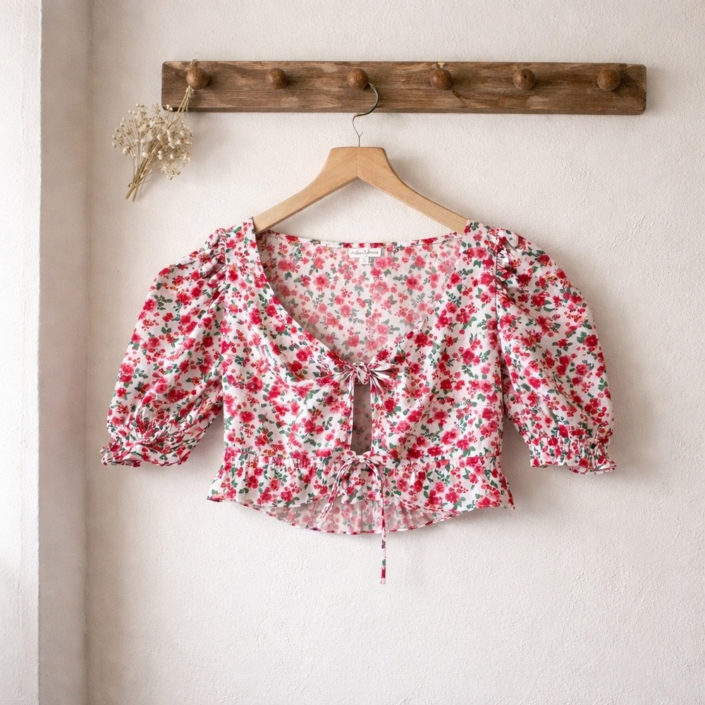 For Love & Lemons Crop Top Womens Large Pink Floral Puff Sleeve Tie Front Peplum